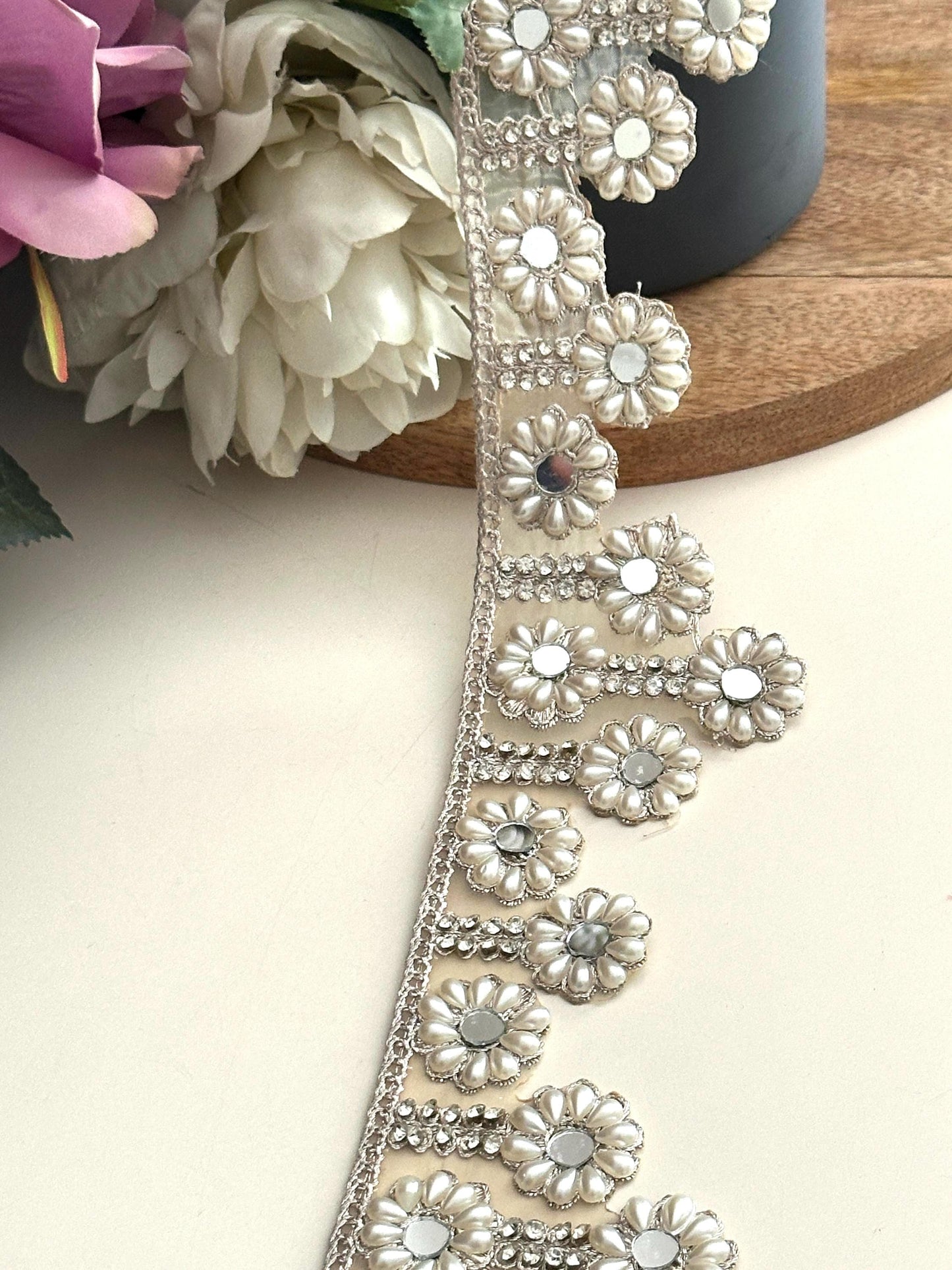 Ivory Pearl Floral Mirror Lace Trim