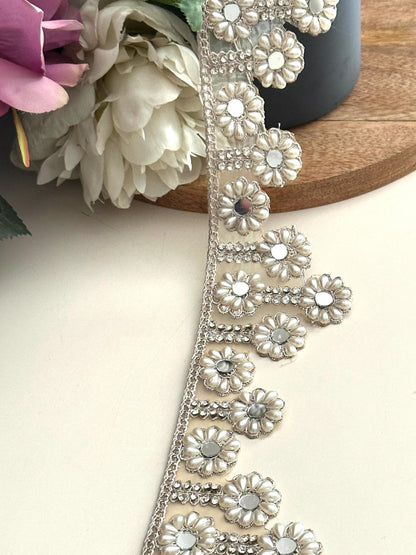 Ivory Pearl Floral Mirror Lace Trim