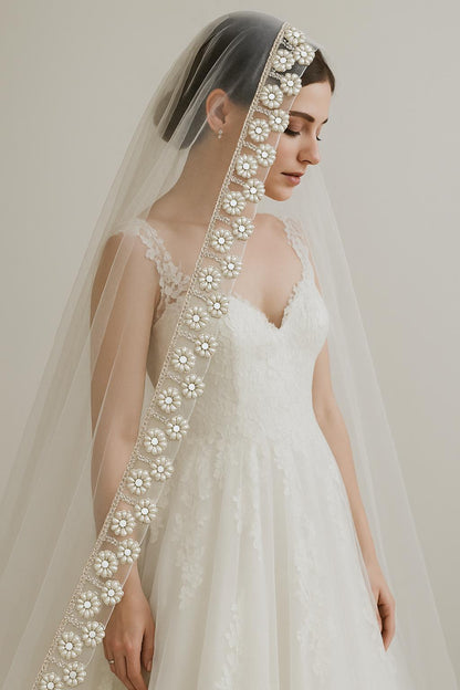 Ivory Pearl Floral Mirror Lace Trim