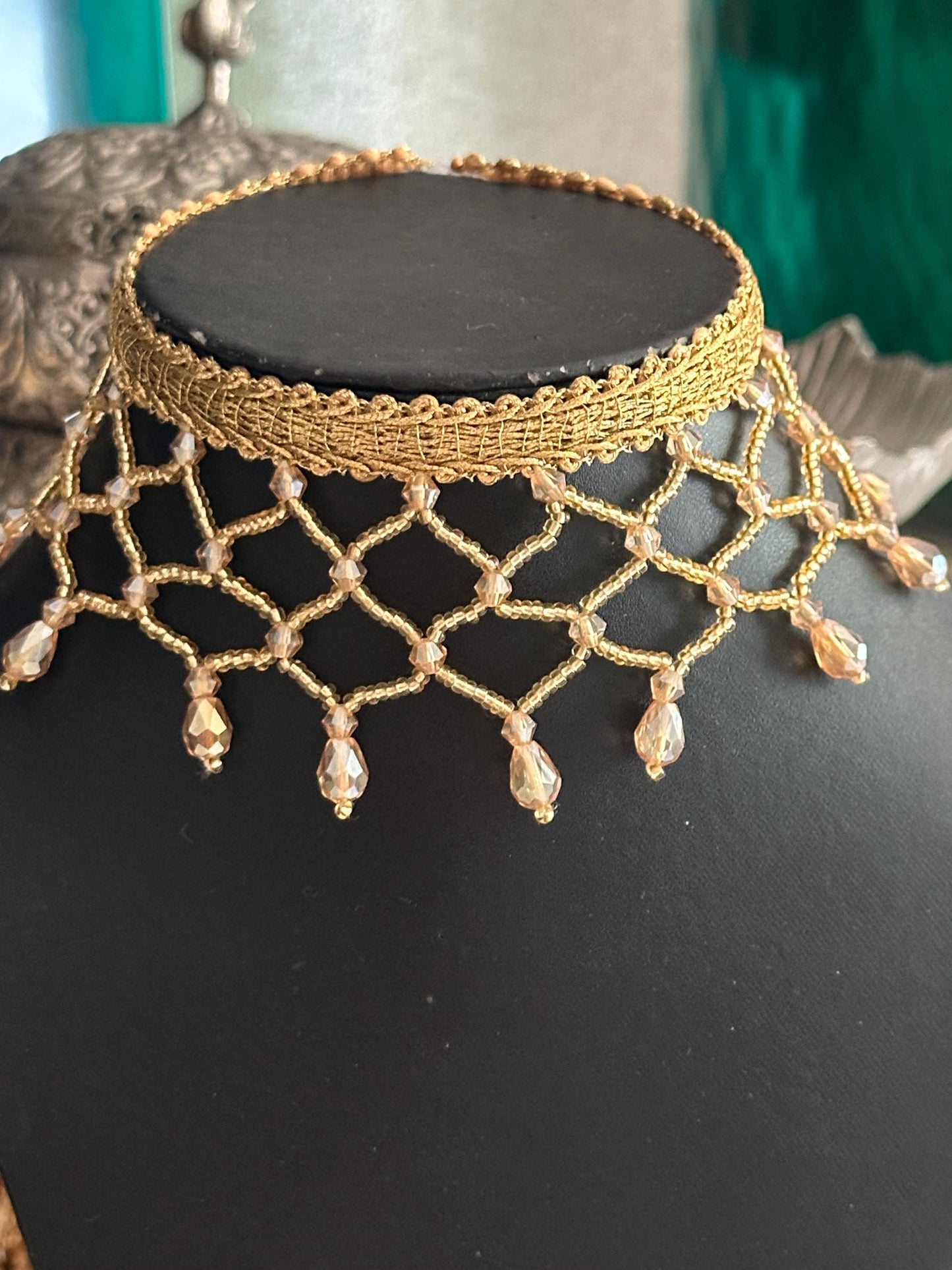 Handmade gold crystal beaded jewelry trim choker