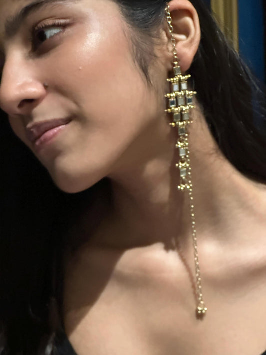 Long Mirror Statement Earring with Chain