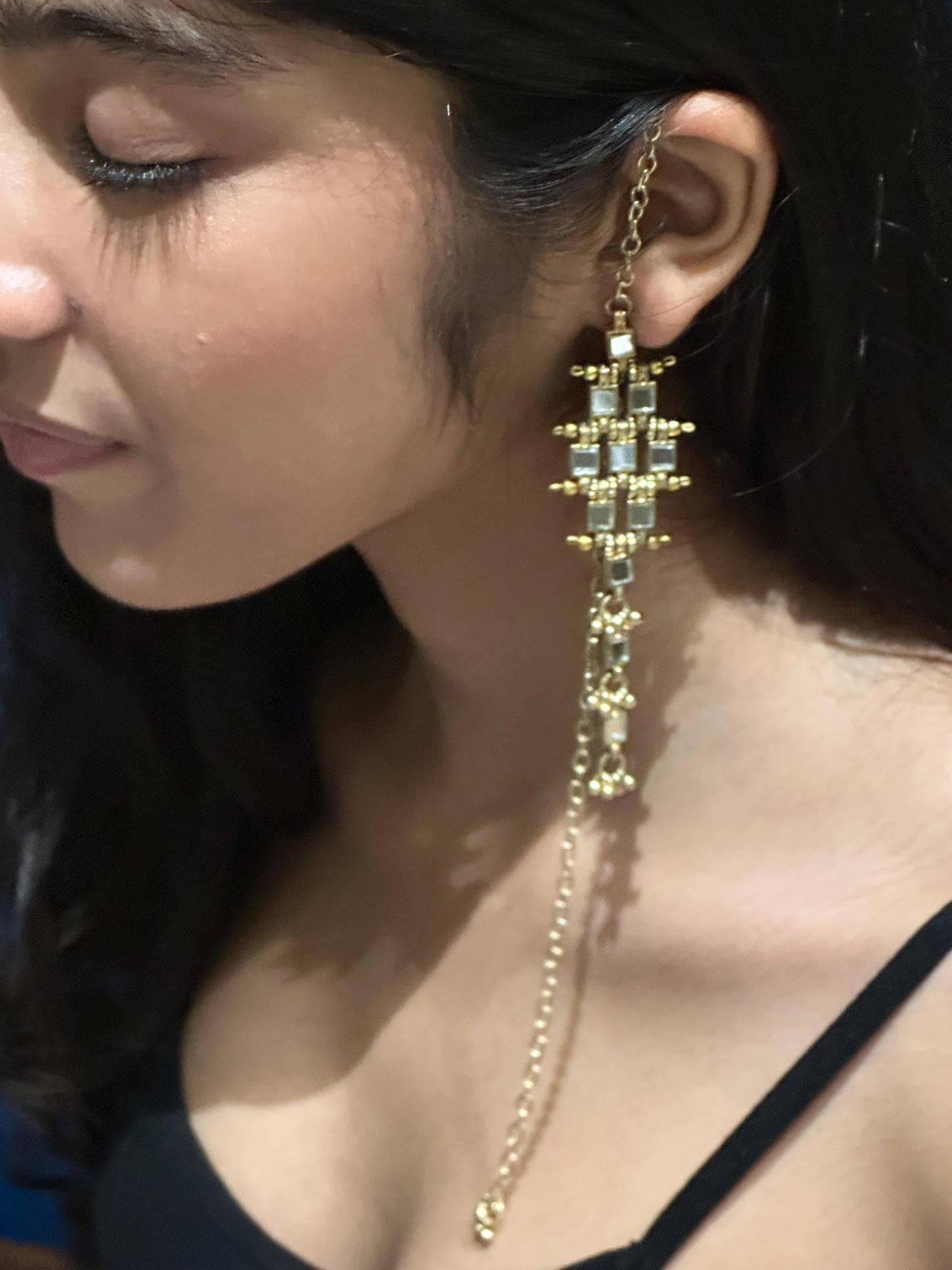 Long Mirror Statement Earring with Chain