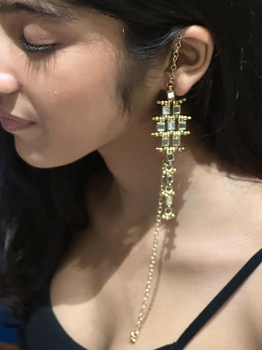 Long Mirror Statement Earring with Chain