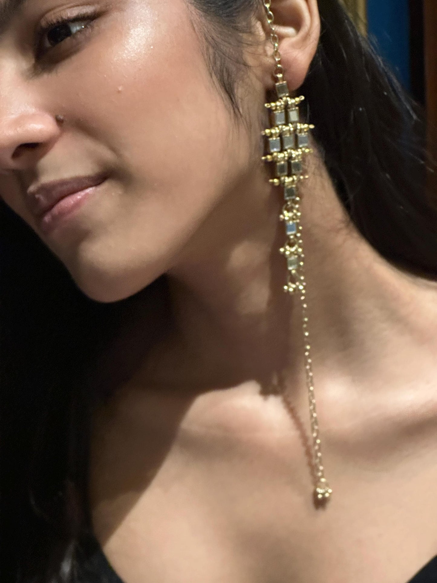 Long Mirror Statement Earring with Chain