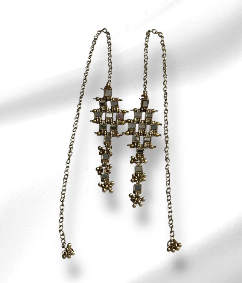 Long Mirror Statement Earring with Chain
