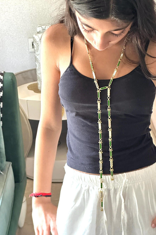 Green Mirror Work Long Necklace Double Strand Y Chain