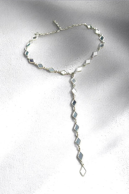 Mirror Work Long Y Necklace Diamond Shape Silver