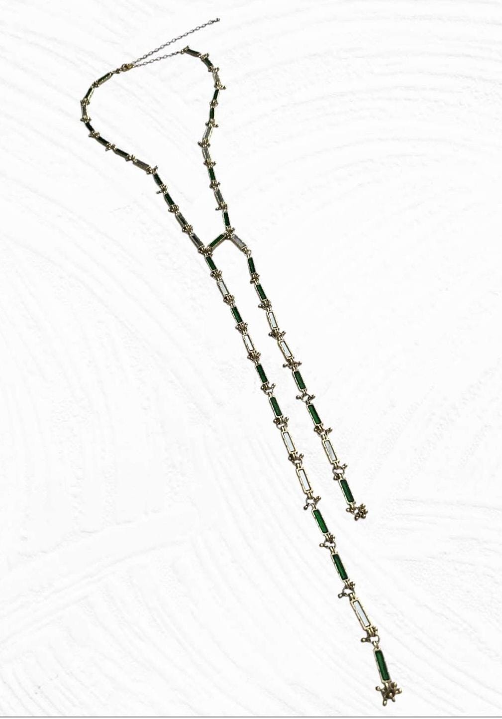 Green Mirror Work Long Necklace Double Strand Y Chain