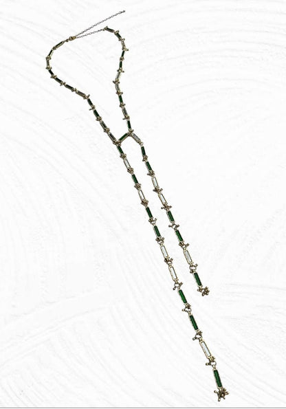 Green Mirror Work Long Necklace Double Strand Y Chain