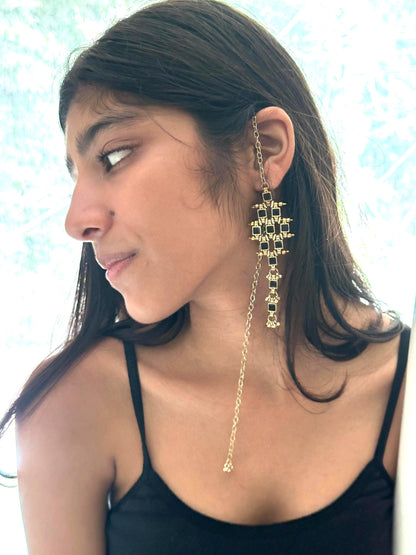 Statement Gold Ear Cuff Earring with Long Chain Black