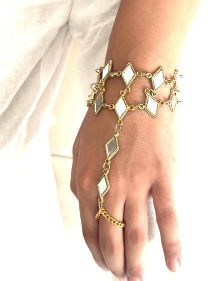 Mirror Work Hand Harness Bracelet Gold Plated Hand Cuff