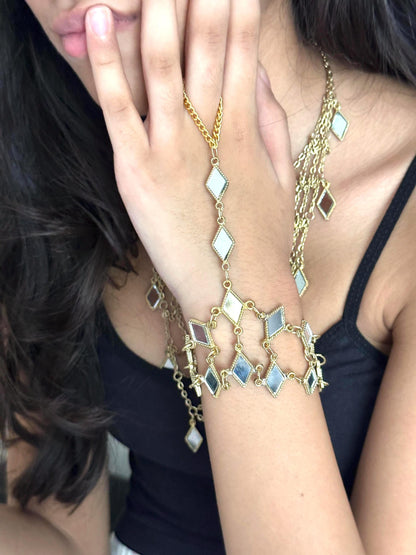 Mirror Work Hand Harness Bracelet Gold Plated Hand Cuff