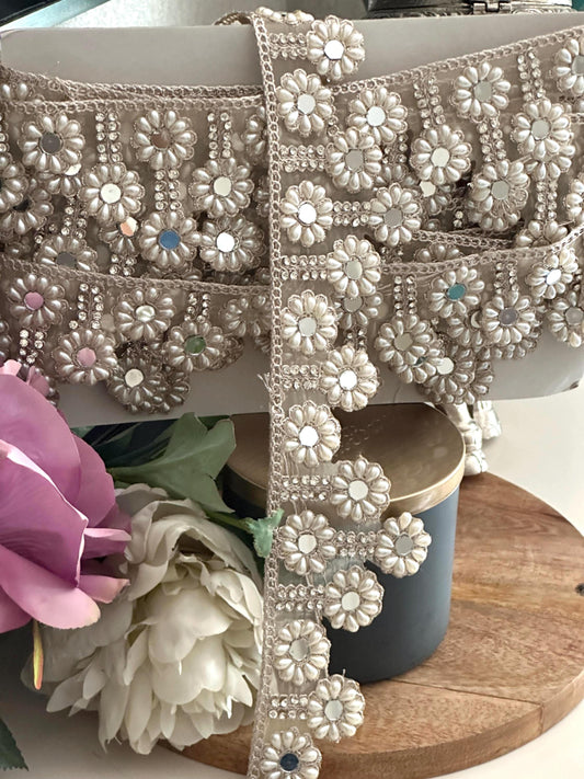 Ivory Pearl Floral Mirror Lace Trim
