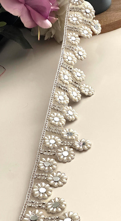 Ivory Pearl Floral Mirror Lace Trim