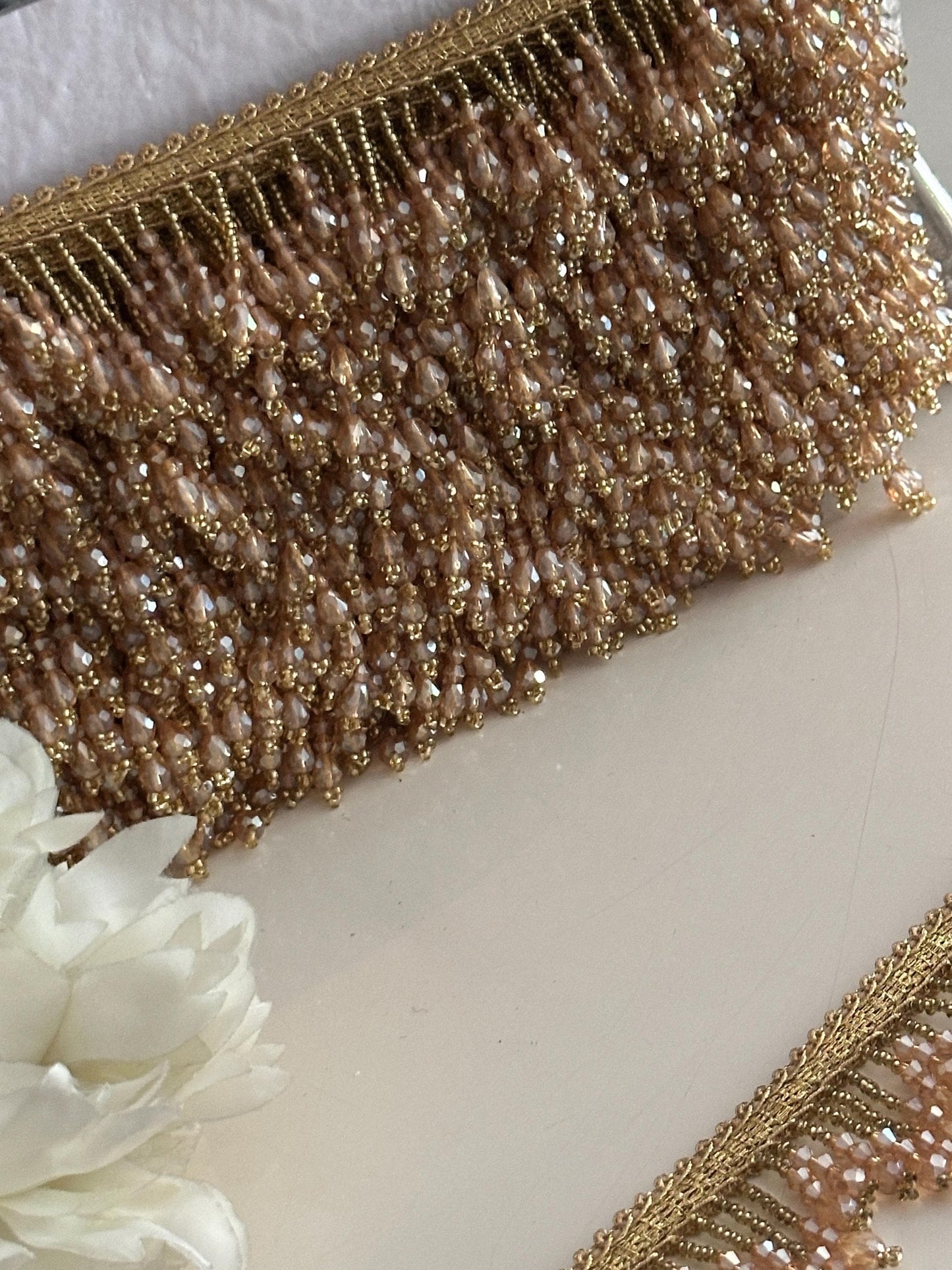 Luxurious handmade gold crystal beaded fringe trim