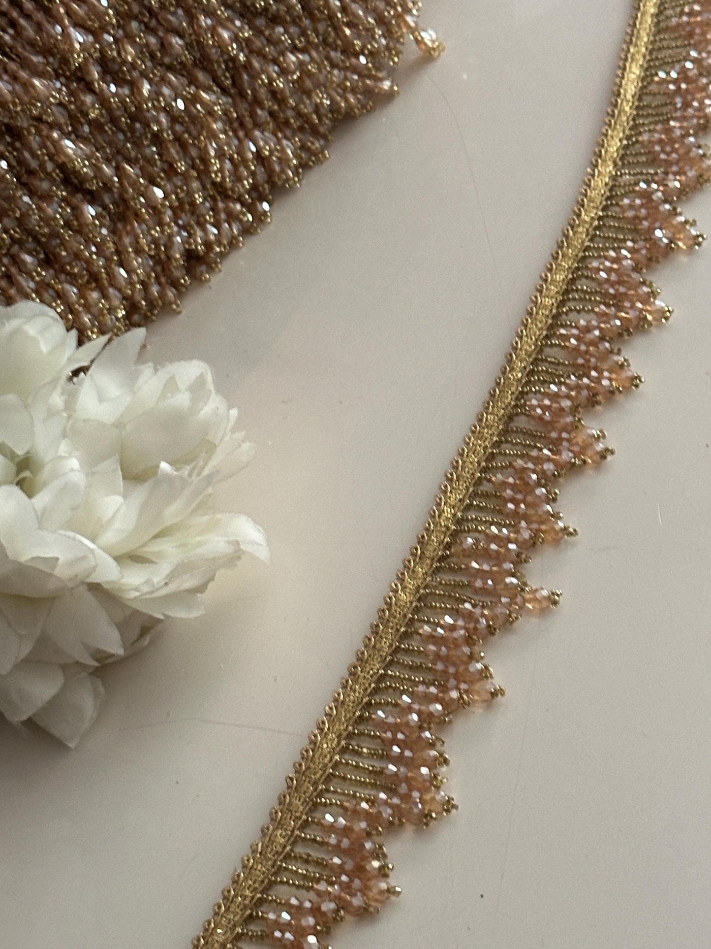 Luxurious handmade gold crystal beaded fringe trim