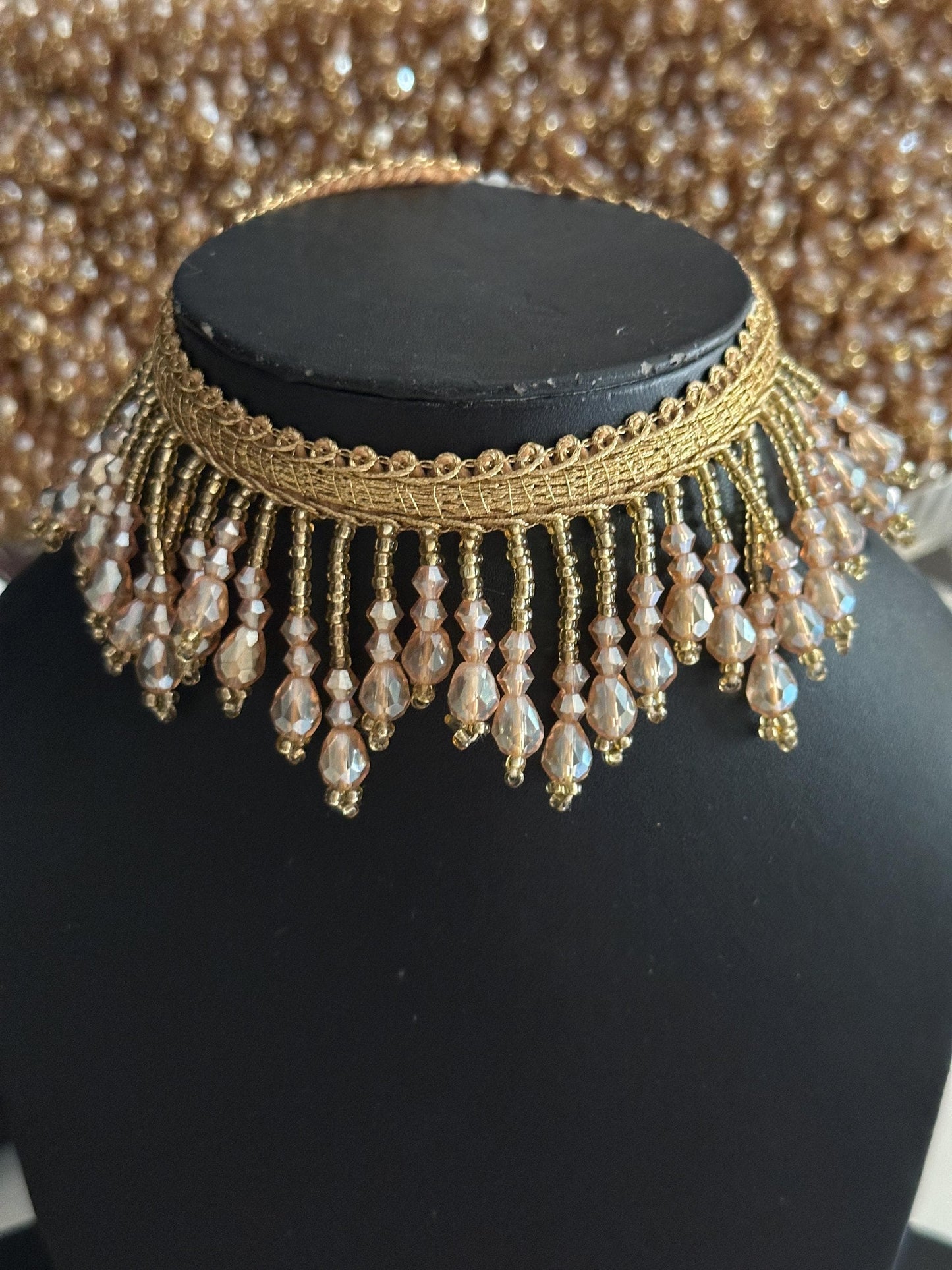 Luxurious handmade gold crystal beaded fringe trim