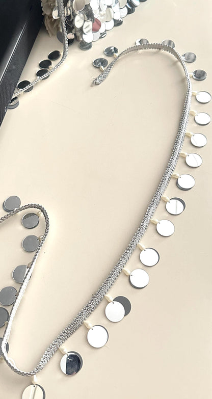 Silver Big Mirror Sequin Trim with Pearl Shiny Tassel
