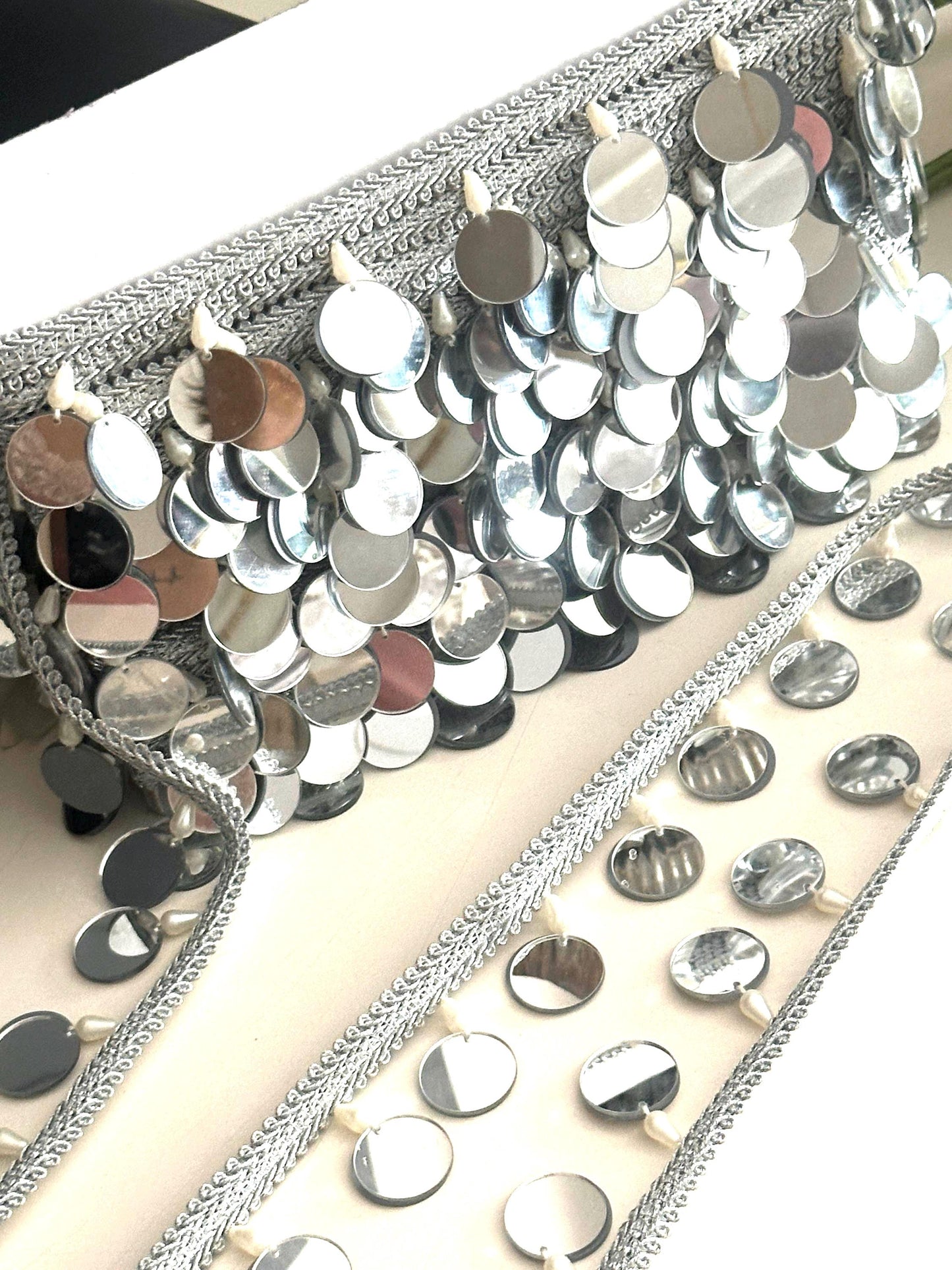 Silver Big Mirror Sequin Trim with Pearl Shiny Tassel