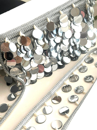 Silver Big Mirror Sequin Trim with Pearl Shiny Tassel