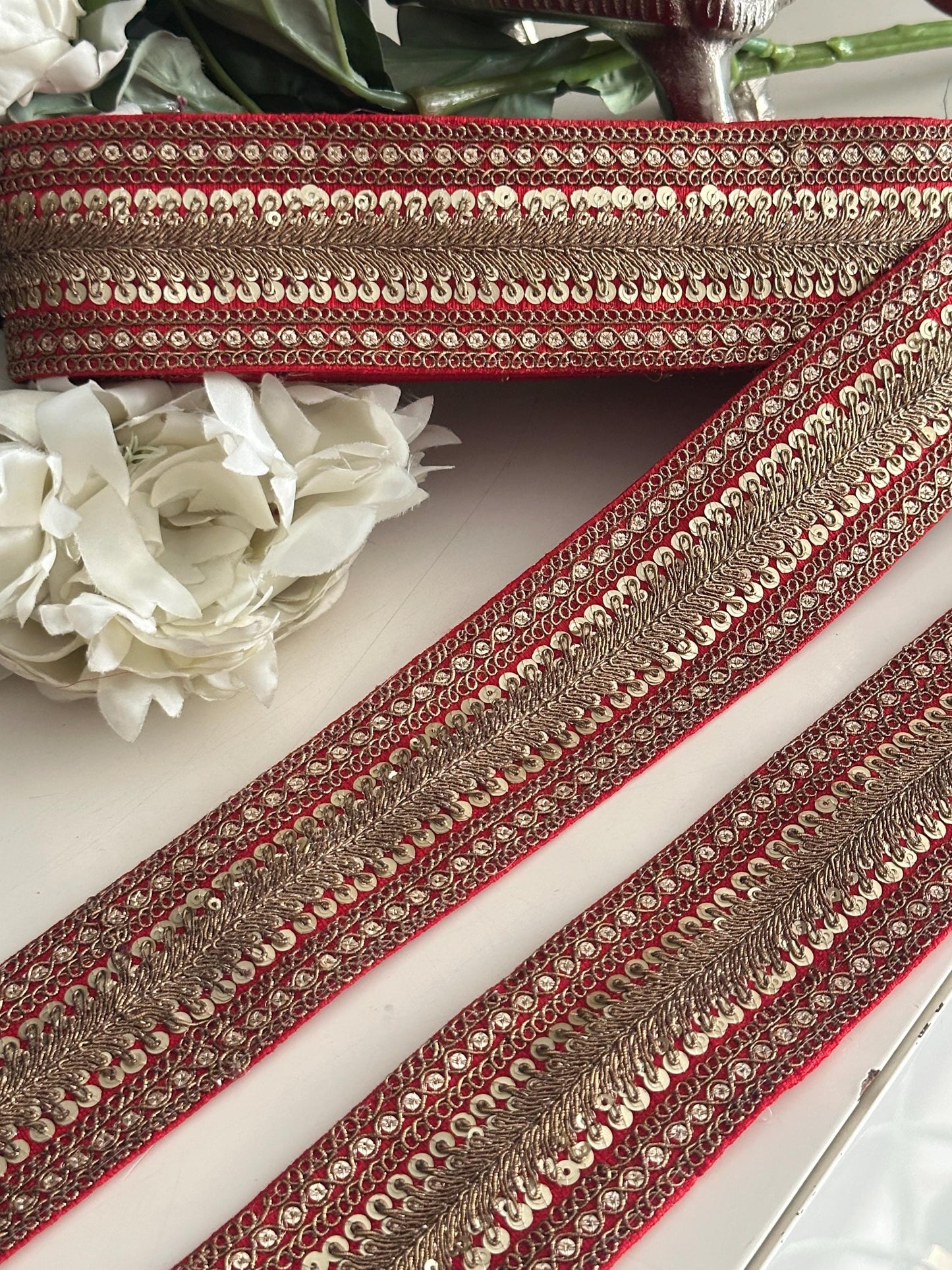 Red Gold Zari Sequin Trim Indian Embroidered Lace