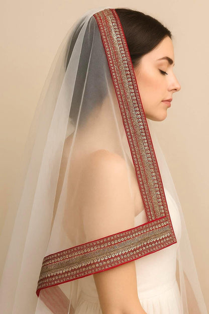 Red Gold Zari Sequin Trim Indian Embroidered Lace