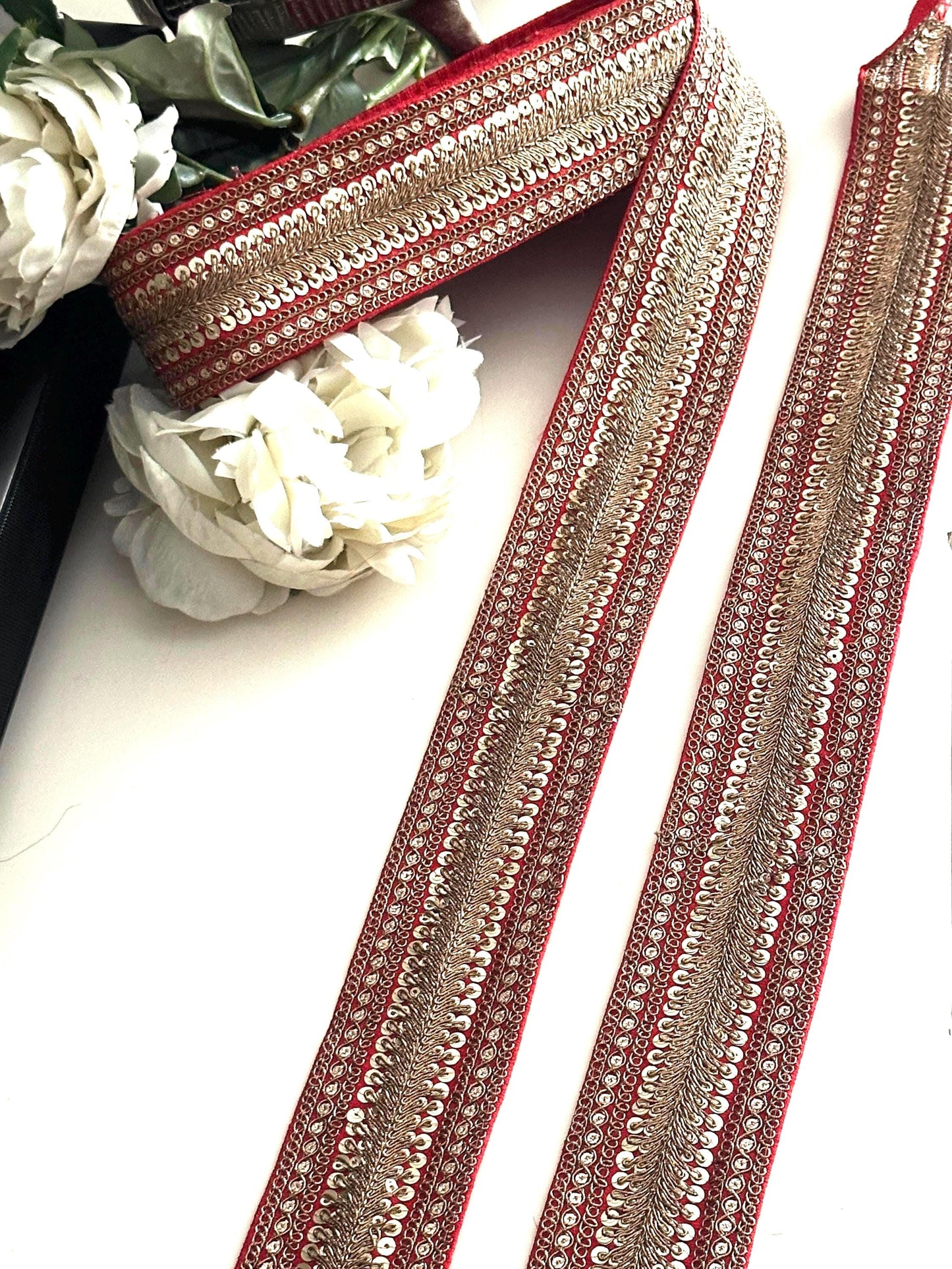 Red Gold Zari Sequin Trim Indian Embroidered Lace