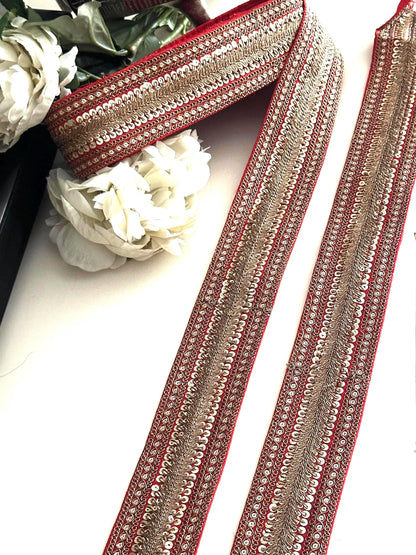 Red Gold Zari Sequin Trim Indian Embroidered Lace