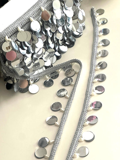 Silver Big Mirror Sequin Trim with Pearl Shiny Tassel