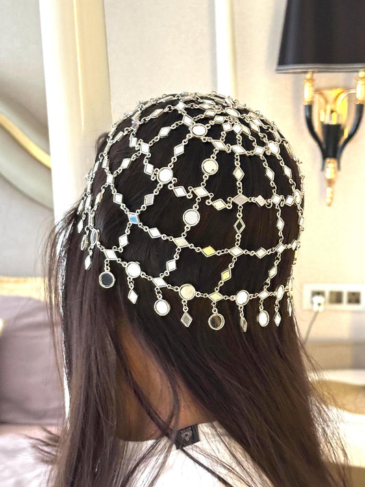 Silver Chain Headpiece Mirror Charm Head Jewelry