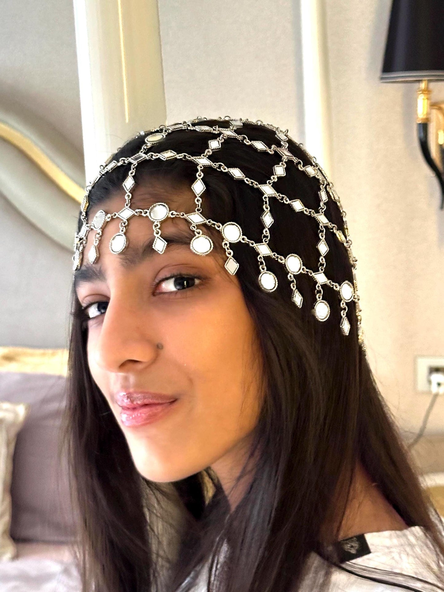 Silver Chain Headpiece Mirror Charm Head Jewelry