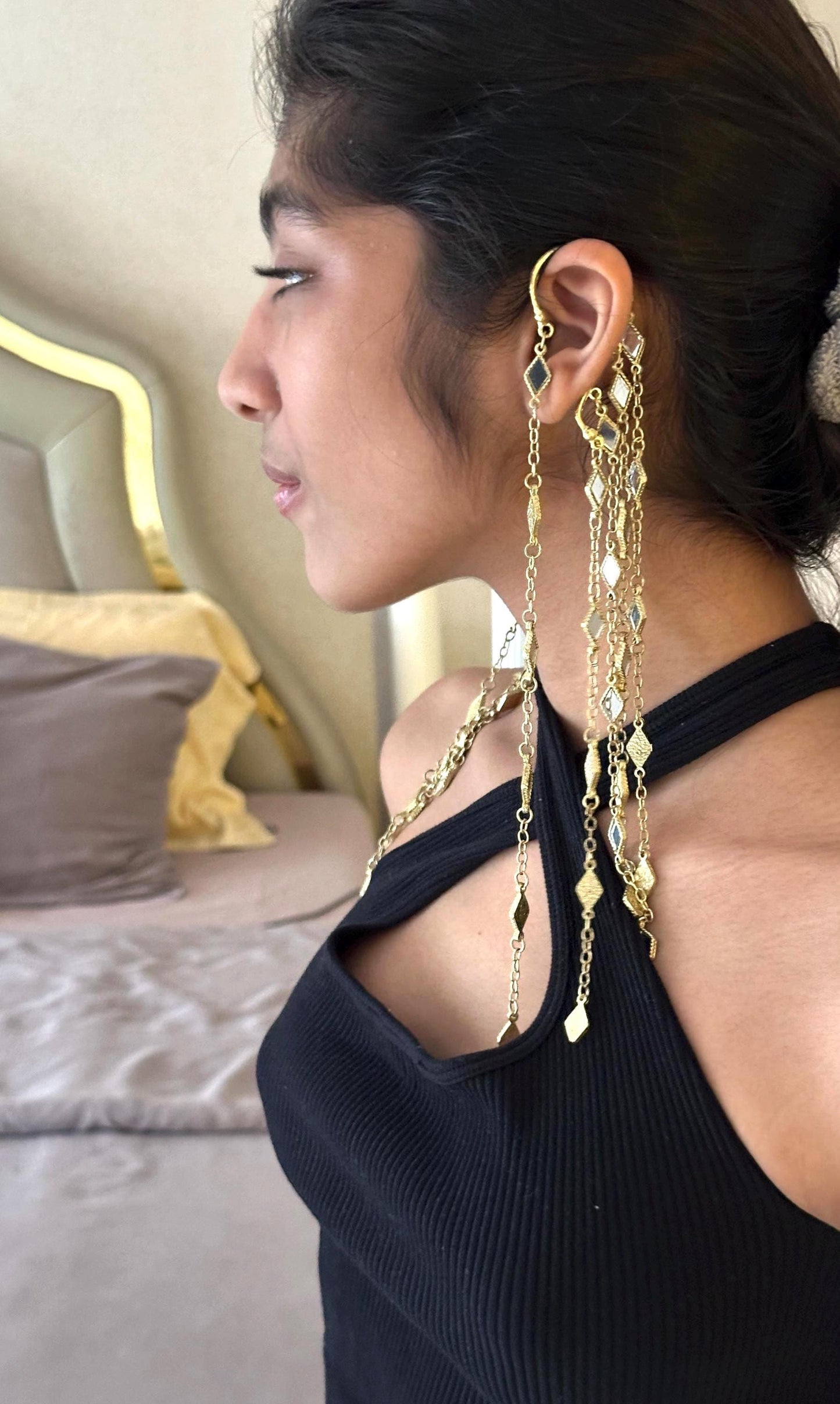 Gold Ear Cuff Pair Long Chain Dangle Statement Chain Earrings No-Piercing shoulder Duster Jewelry