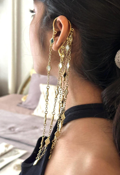 Gold Ear Cuff Pair Long Chain Dangle Statement Chain Earrings No-Piercing shoulder Duster Jewelry