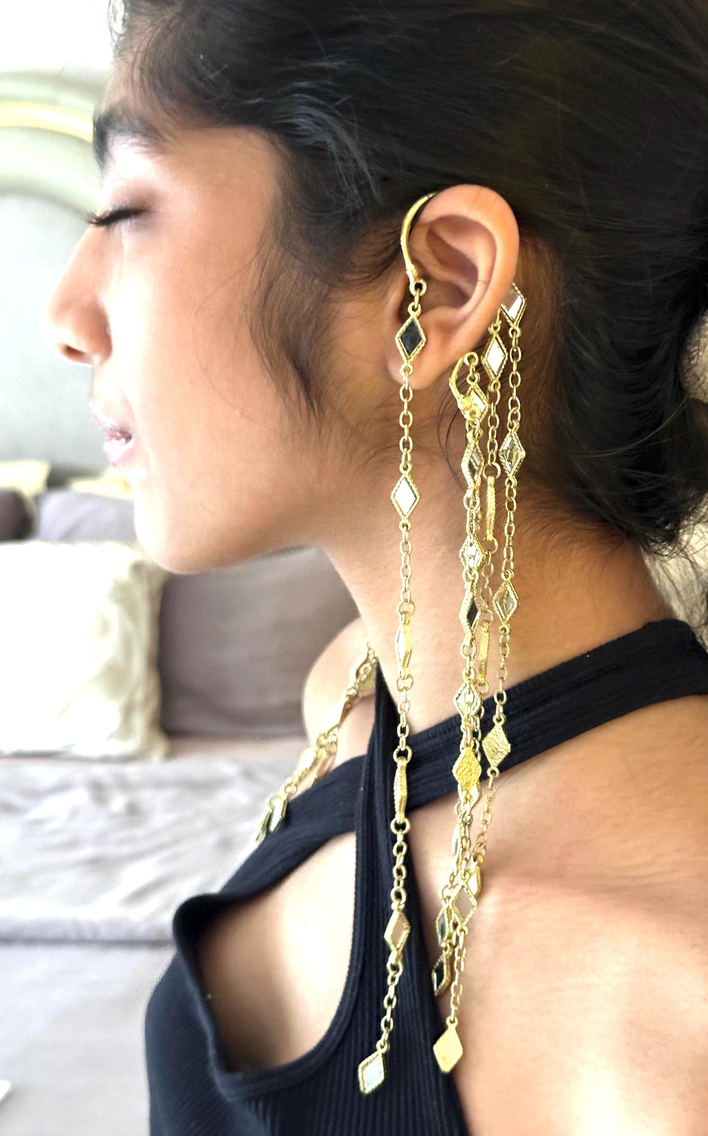 Gold Ear Cuff Pair Long Chain Dangle Statement Chain Earrings No-Piercing shoulder Duster Jewelry