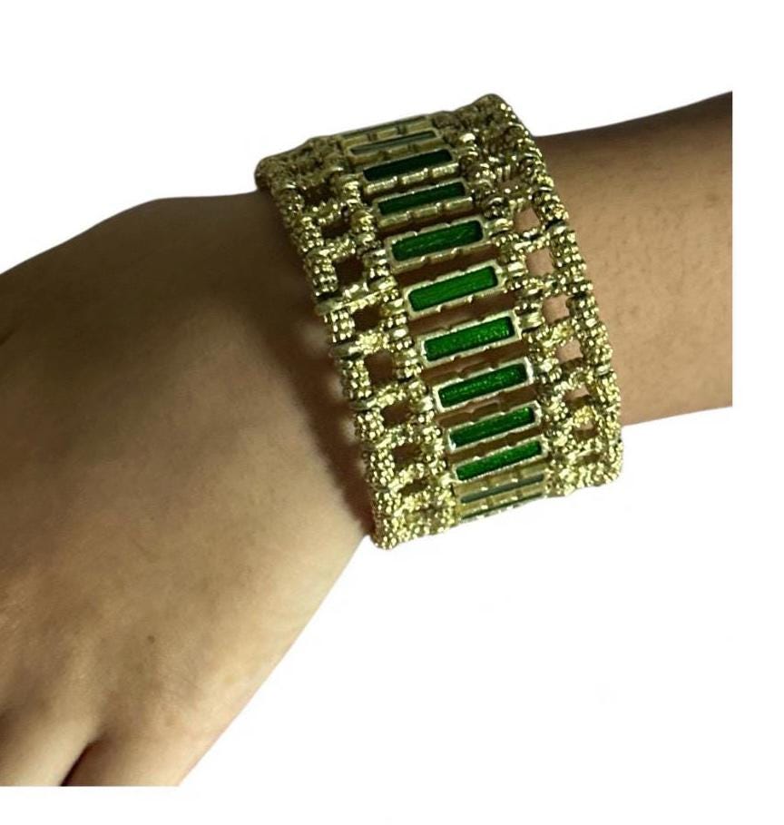 Gold Emerald Green Statement HandCuff Bracelet