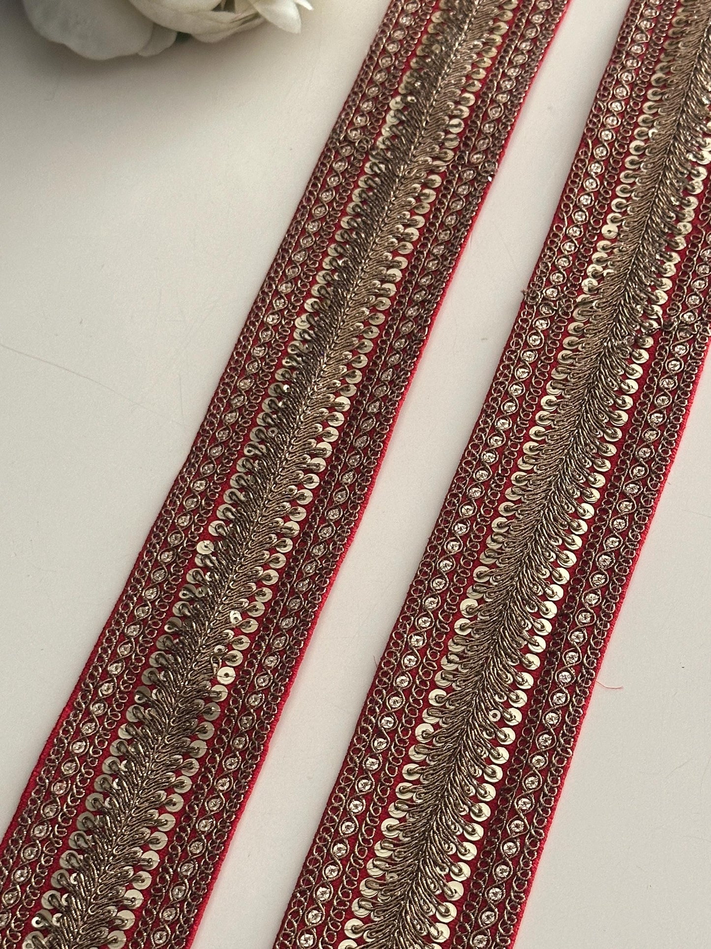 Red Gold Zari Sequin Trim Indian Embroidered Lace