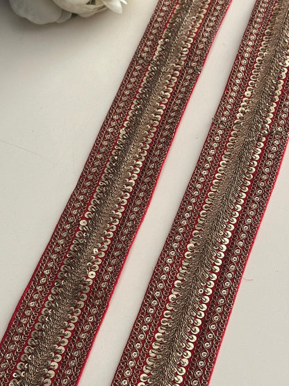 Red Gold Zari Sequin Trim Indian Embroidered Lace
