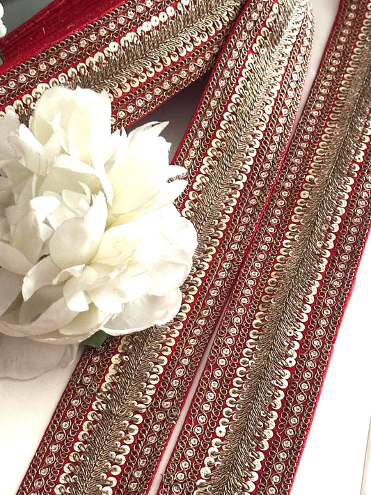 Red Gold Zari Sequin Trim Indian Embroidered Lace