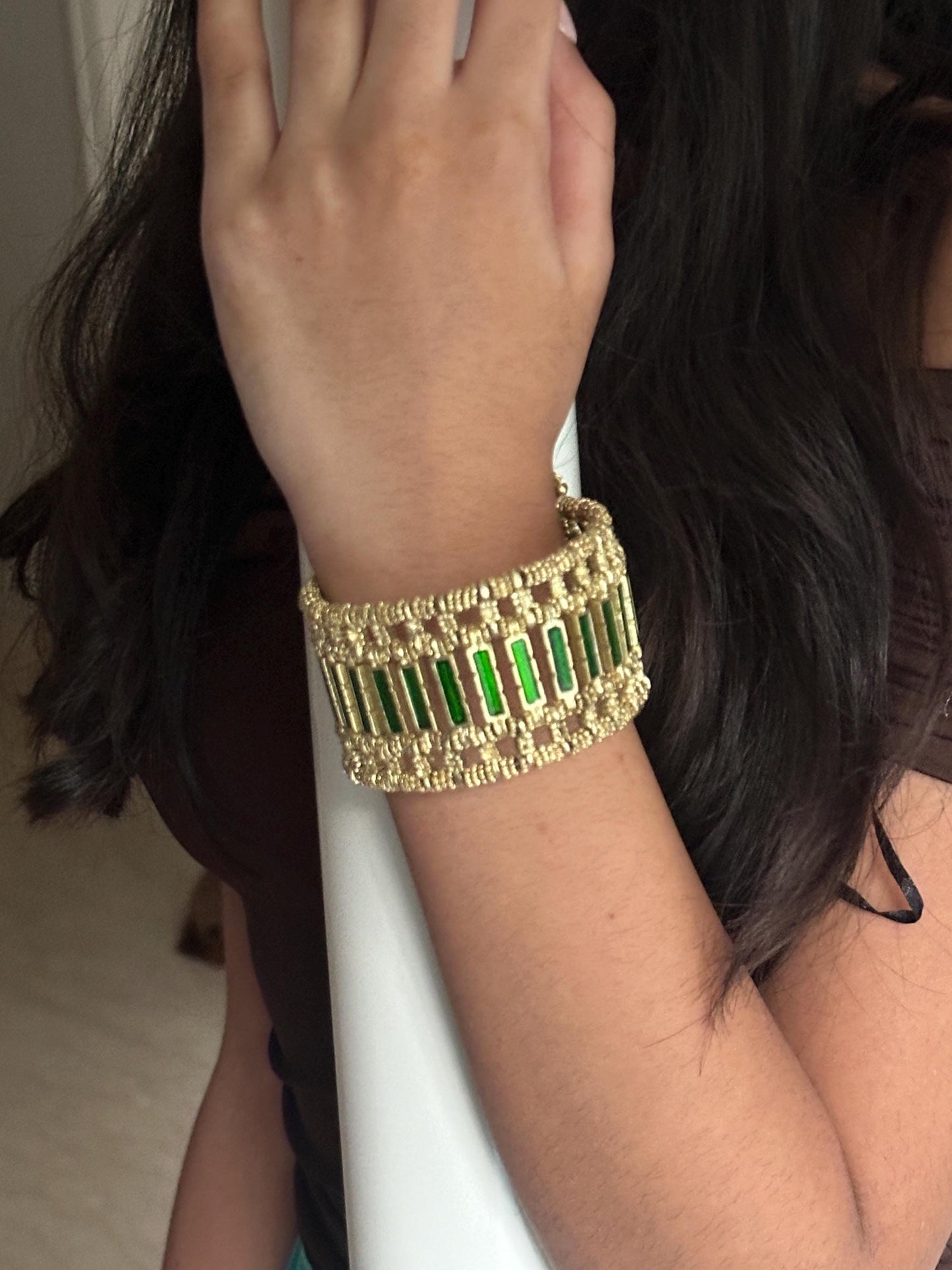 Gold Emerald Green Statement HandCuff Bracelet