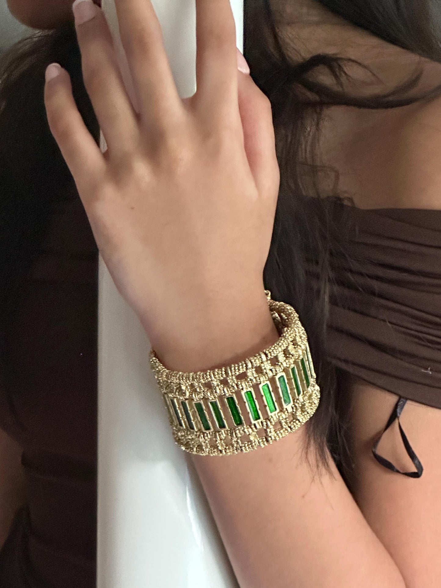 Gold Emerald Green Statement HandCuff Bracelet