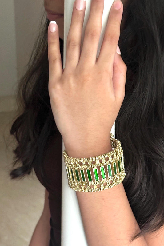 Gold Emerald Green Statement HandCuff Bracelet