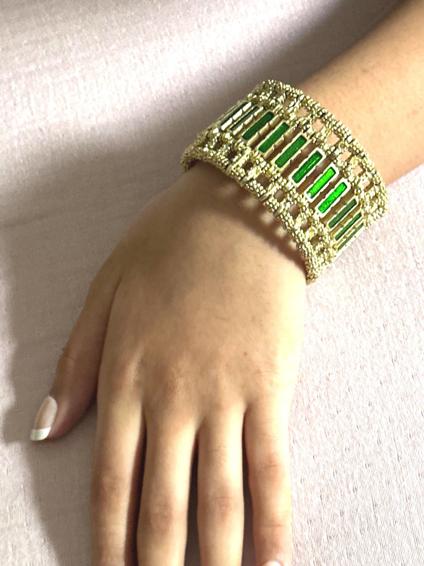 Gold Emerald Green Statement HandCuff Bracelet