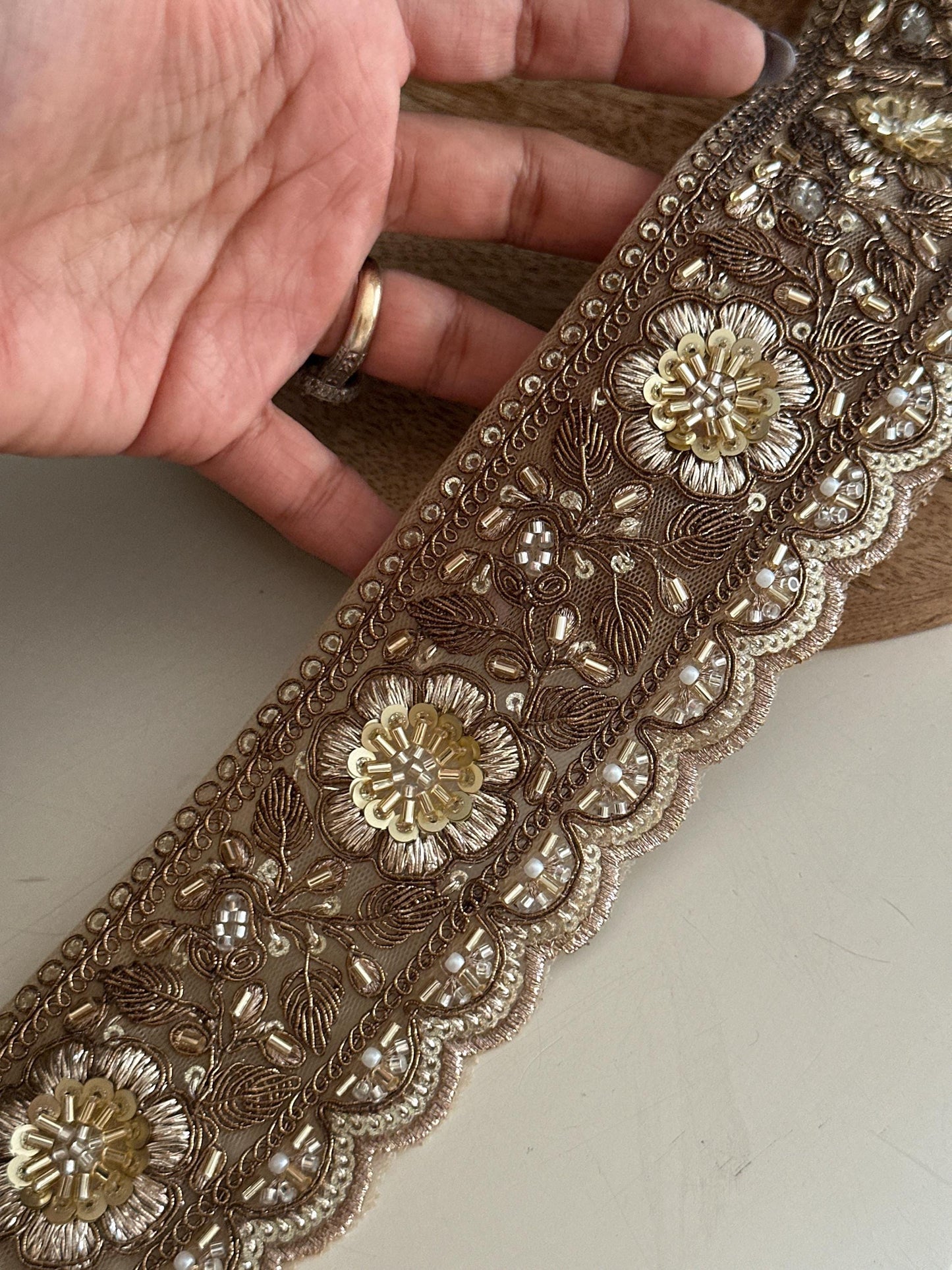 Bronze Gold Floral Lace Trim Broad Beaded Embroidery