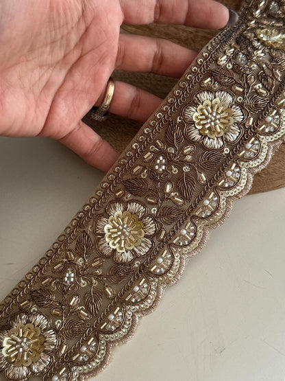 Bronze Gold Floral Lace Trim Broad Beaded Embroidery
