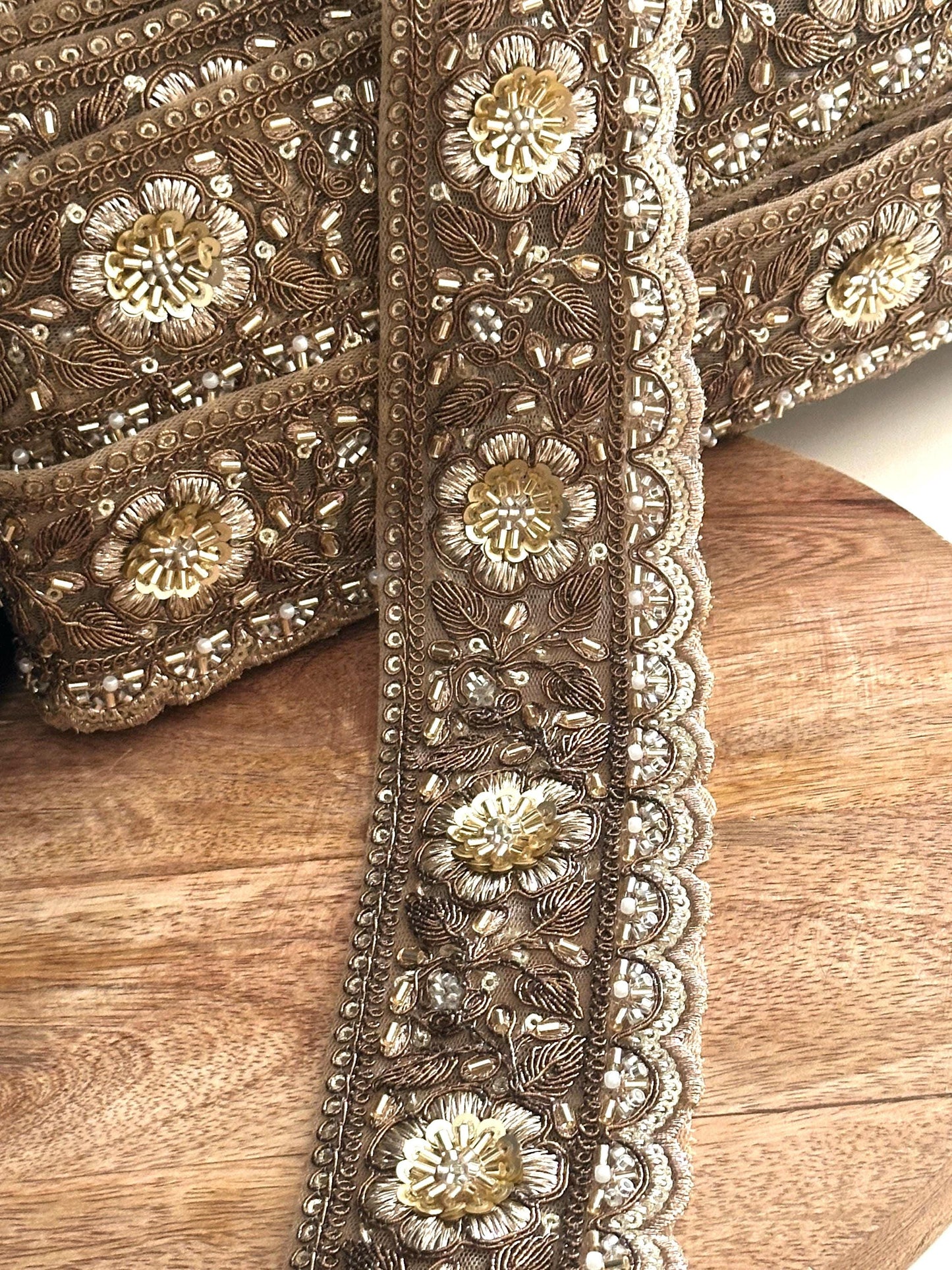 Bronze Gold Floral Lace Trim Broad Beaded Embroidery