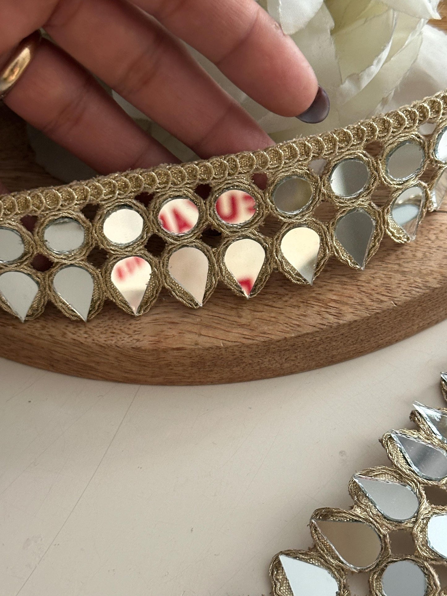 Gold Teardrop Mirror Lace Trim Handmade Mirror Work
