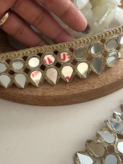 Gold Teardrop Mirror Lace Trim Handmade Mirror Work
