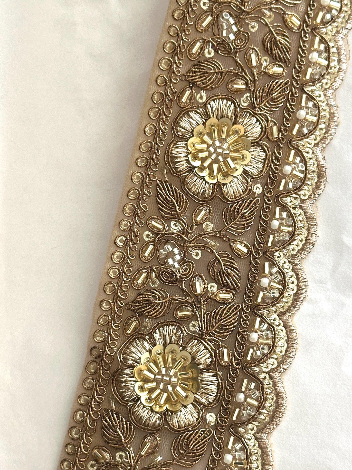 Bronze Gold Floral Lace Trim Broad Beaded Embroidery