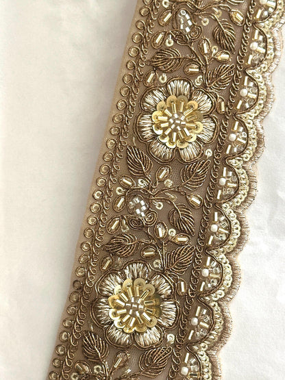 Bronze Gold Floral Lace Trim Broad Beaded Embroidery