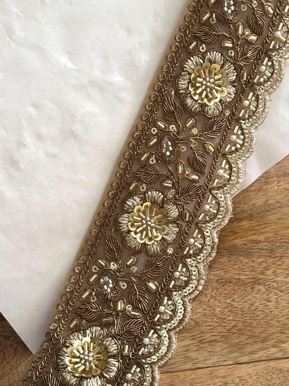 Bronze Gold Floral Lace Trim Broad Beaded Embroidery